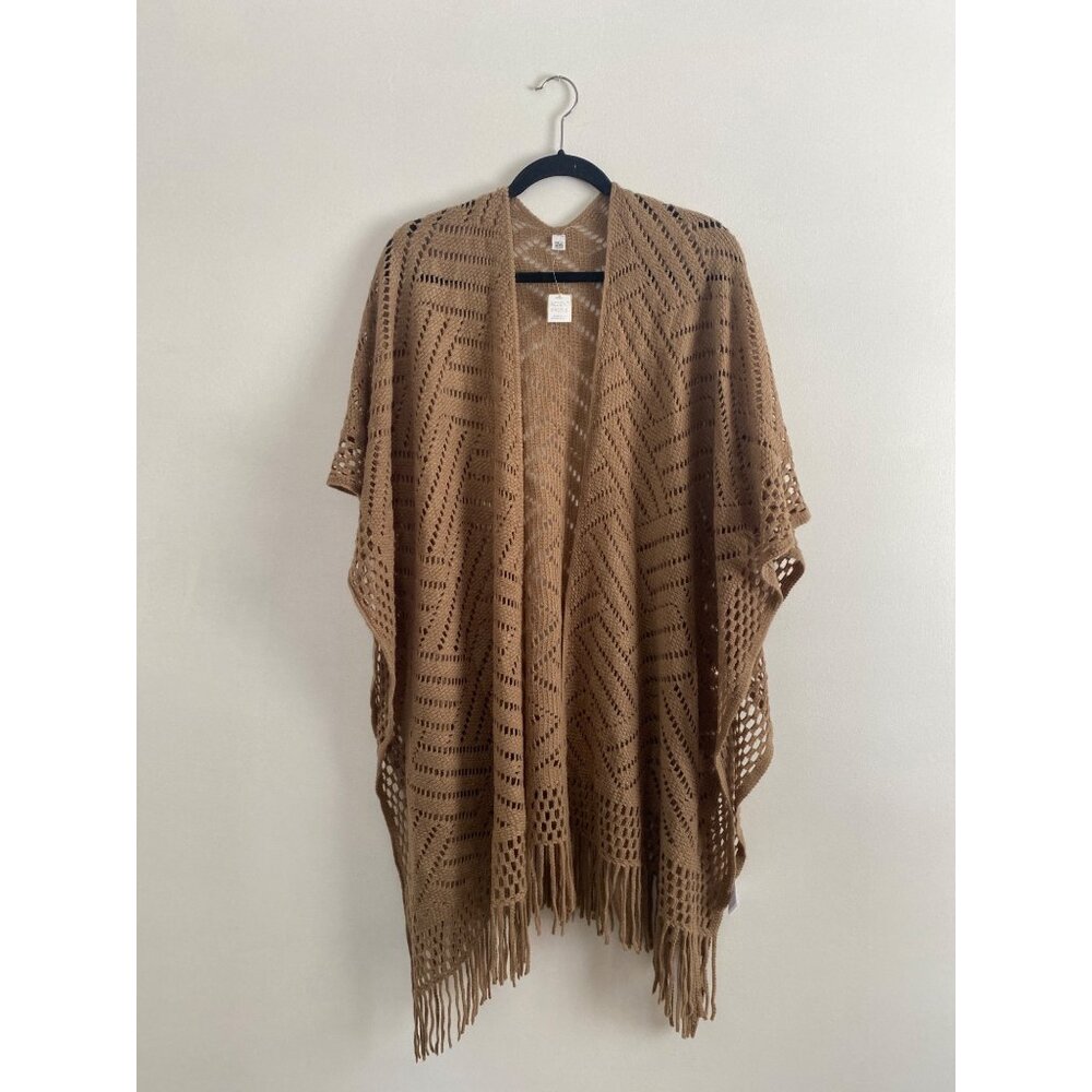 NWT Open Front Tan Crochet Kimono Wrap With Fringe OSFM
